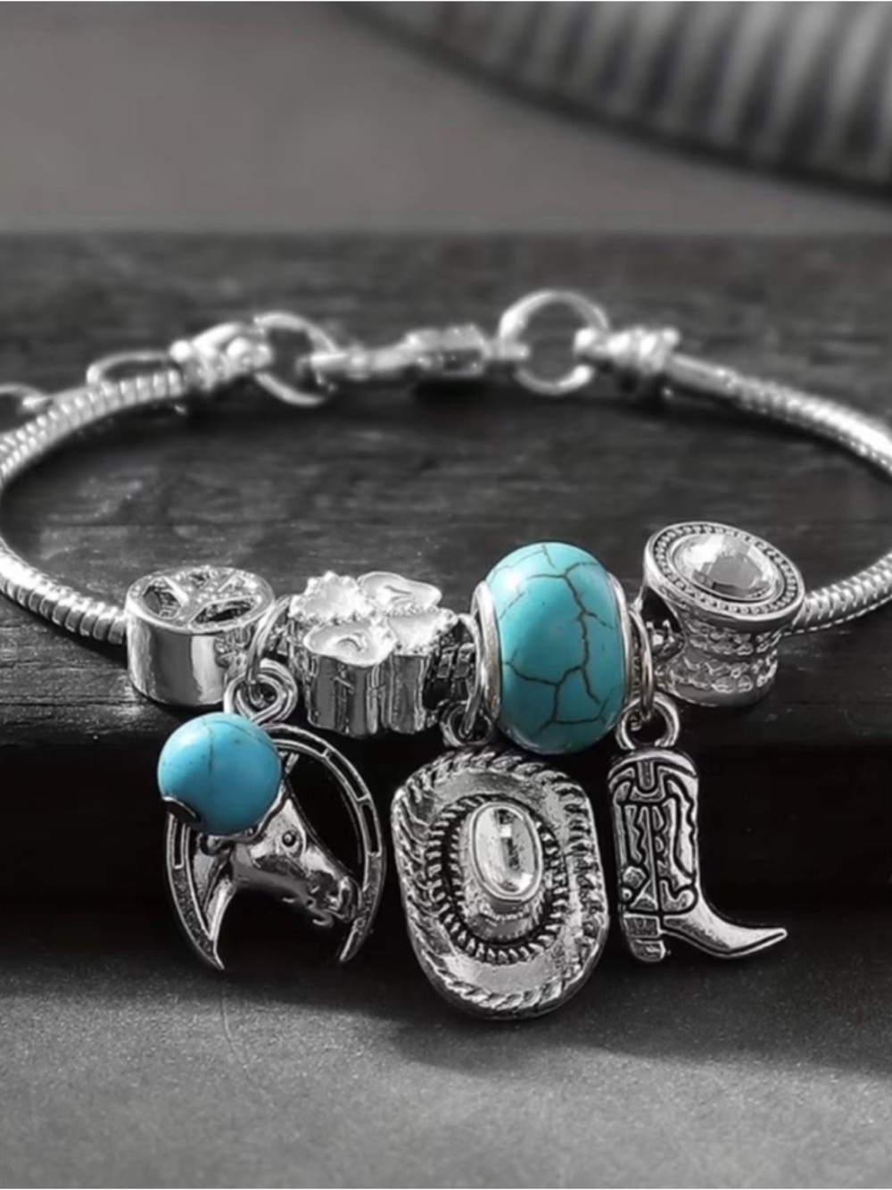 Turquoise Western Charm Bracelet with Silver Accents